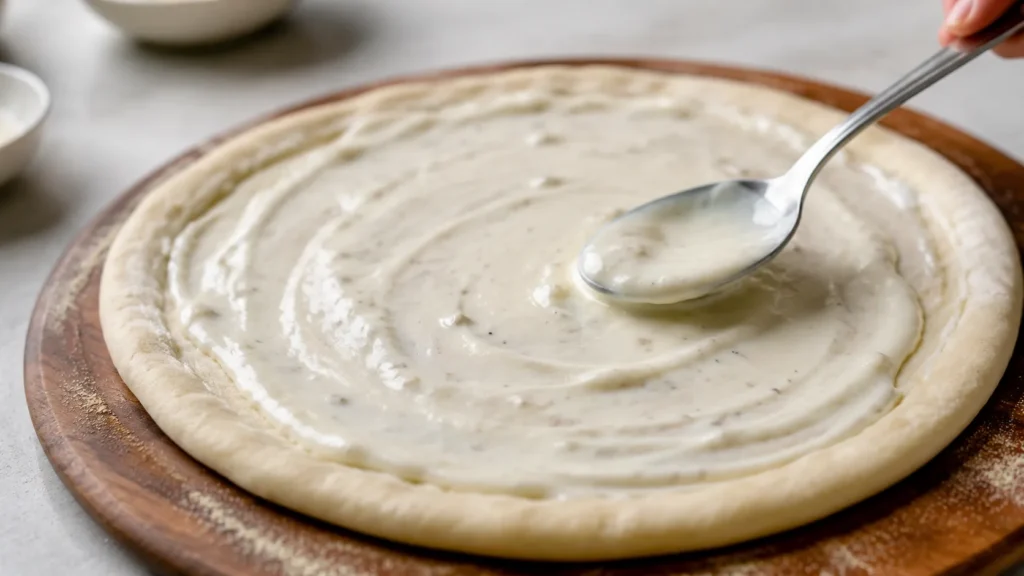 Alfredo sauce spread on pizza crust