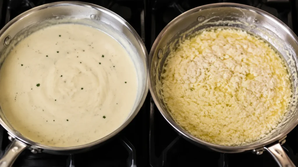 Broken Alfredo sauce showing grainy and separated texture