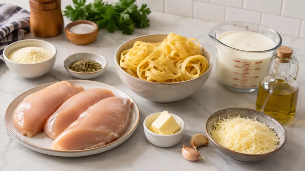 Chicken Alfredo ingredients with pasta, chicken, cream, and Parmesan