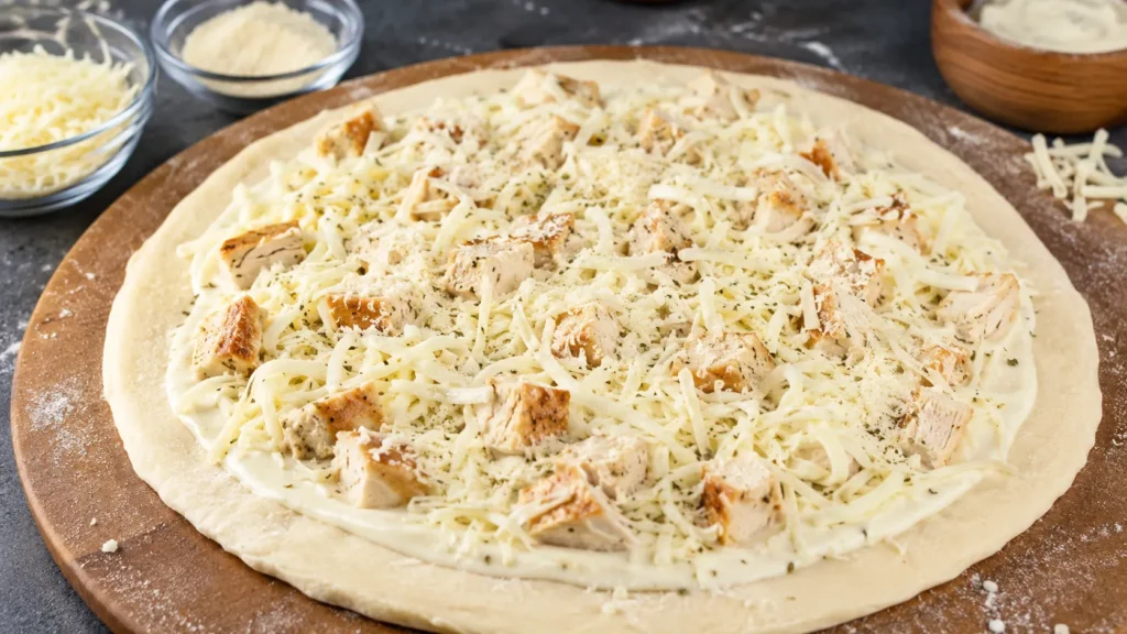 Chicken and cheese toppings on Alfredo pizza