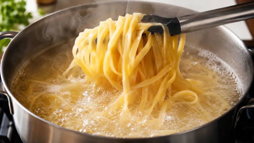 Cooking fresh fettuccine noodles in boiling water