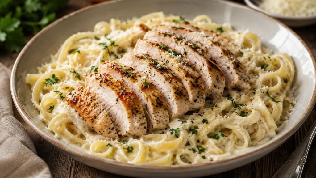 Finished chicken Alfredo recipe served with fettuccine pasta