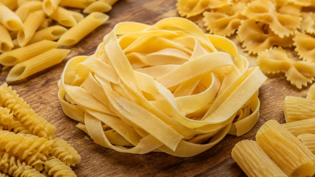 Flat ribbon-shaped fettuccine noodles texture