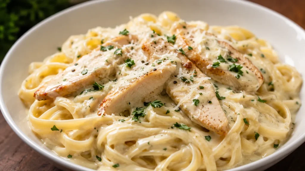 Homemade chicken Alfredo pasta with creamy Alfredo sauce