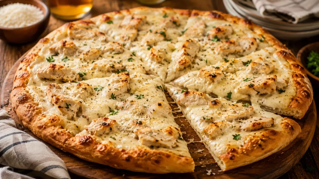 Homemade chicken Alfredo pizza with creamy sauce and cheese