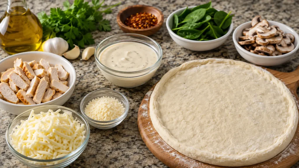 Ingredients for chicken Alfredo pizza