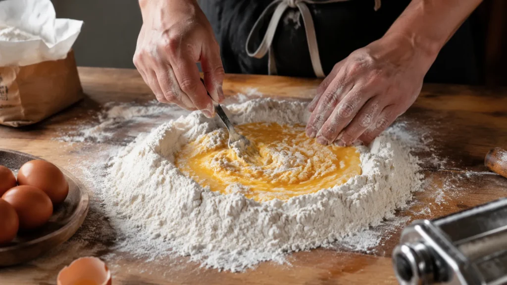Making homemade fettuccine dough with flour and eggs