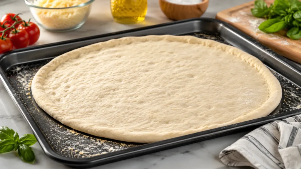 Pizza dough prepared for chicken Alfredo pizza