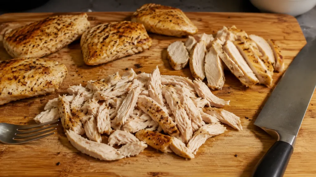 Prepared chicken pieces for Alfredo pizza