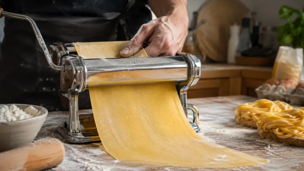 Rolling pasta dough for homemade fettuccine noodles