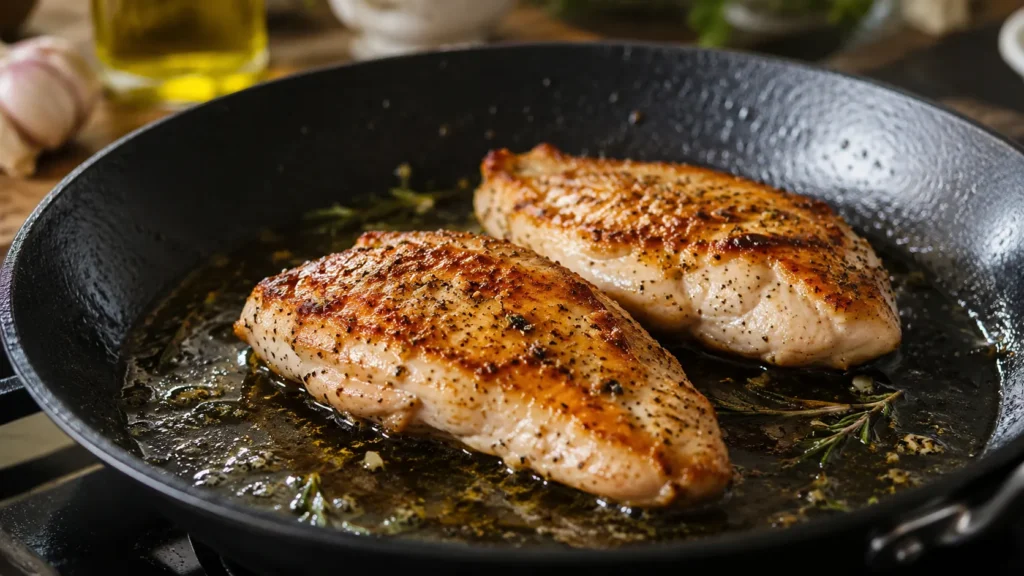 Seasoned chicken breast cooking for chicken Alfredo