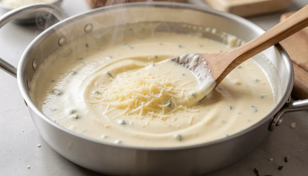 Homemade Alfredo sauce turning smooth and creamy while cooking over low heat