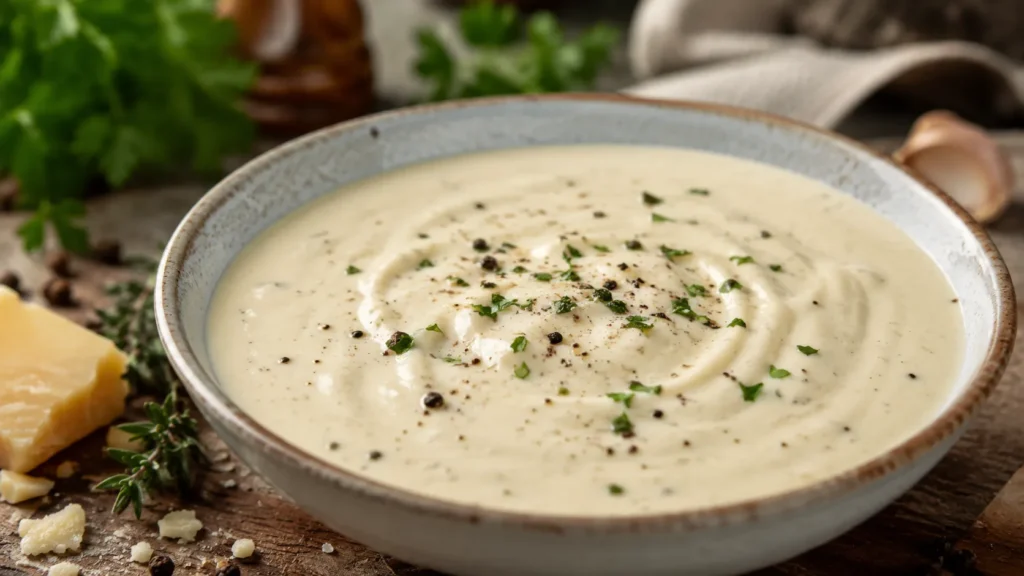 Bowl of creamy Alfredo sauce with Italian herbs and spices