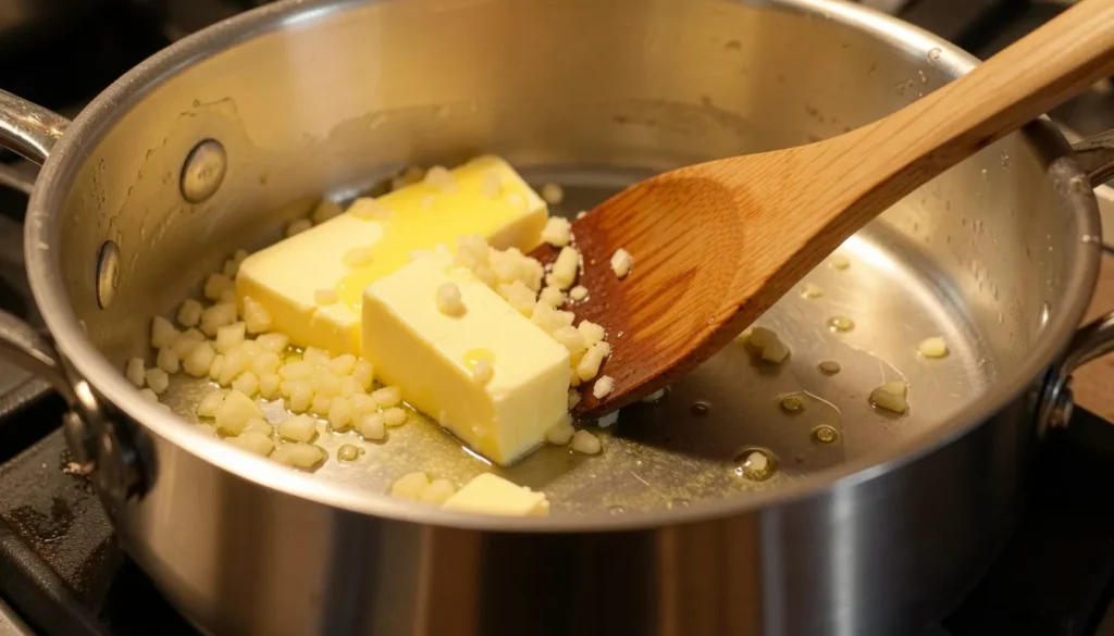 Butter melting with minced garlic in a saucepan