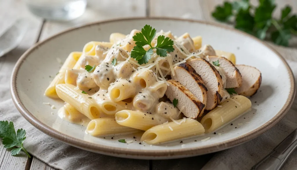 Chicken Penne Alfredo with grilled chicken slices