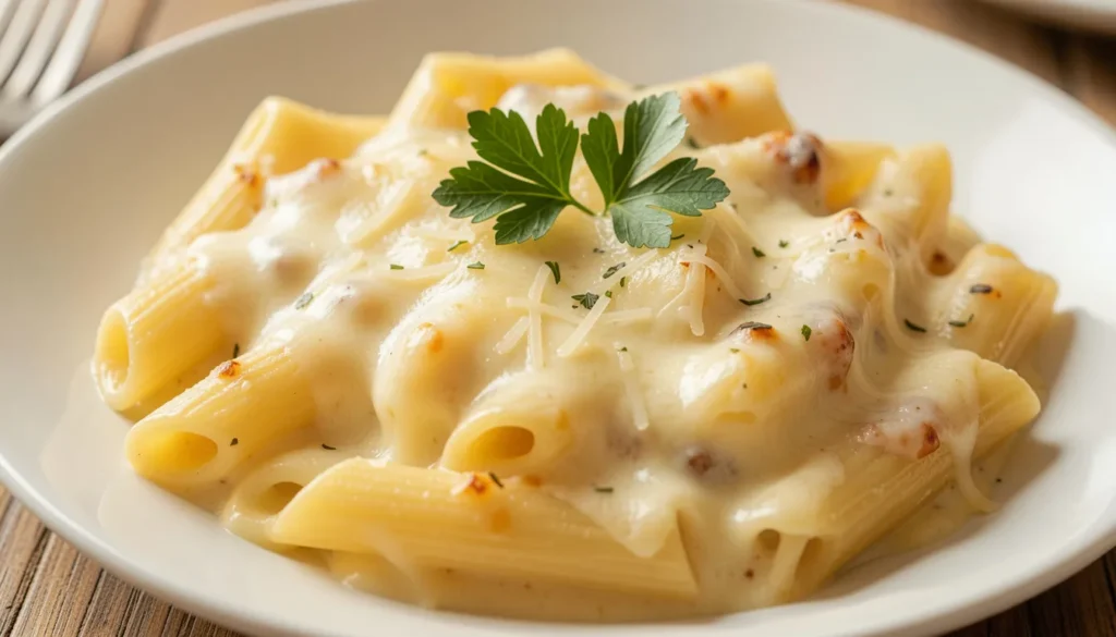 Close-up of creamy Penne Alfredo pasta coated in Alfredo sauce