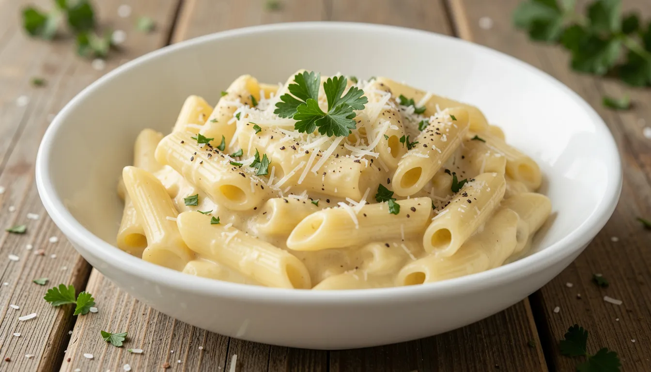 Creamy Penne Alfredo served in a white bowl with fresh Parmesan and parsley