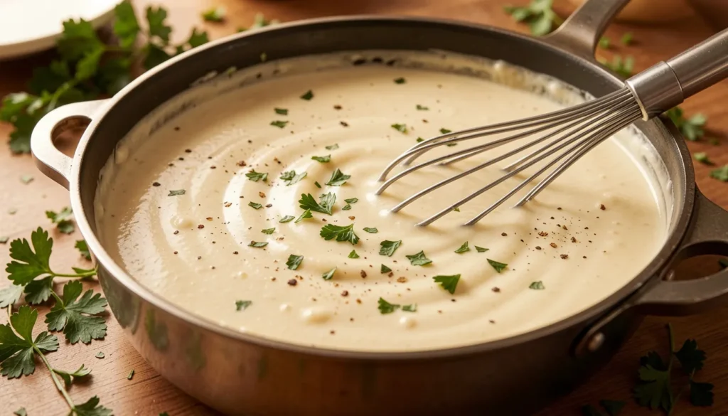 Finished creamy Kraft Parmesan cheese Alfredo sauce in a saucepan