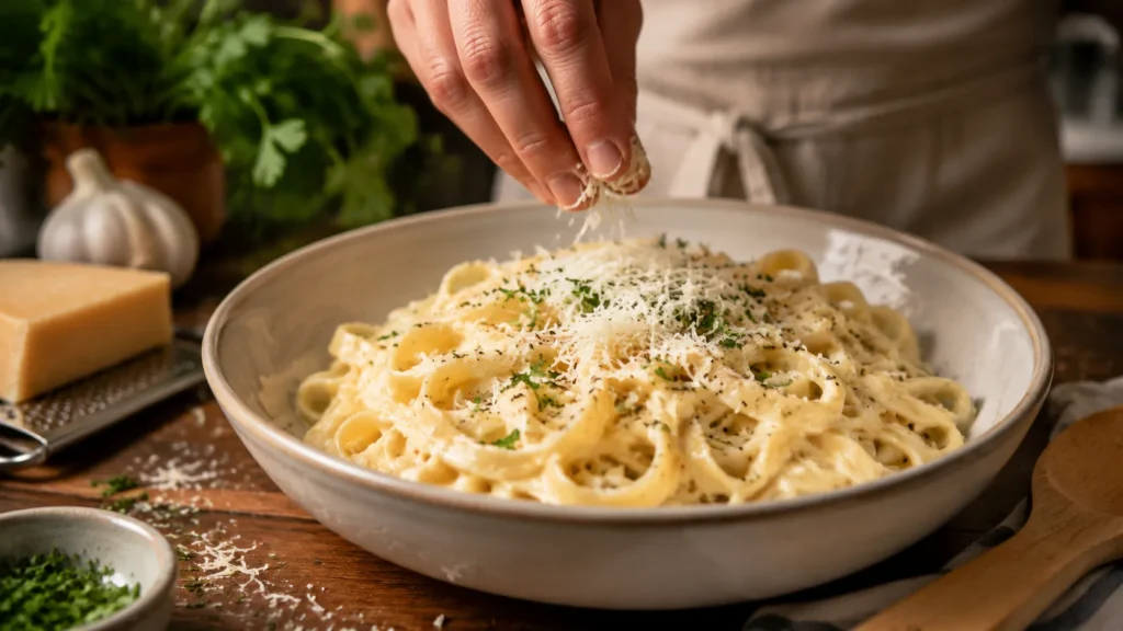 Finishing Alfredo pasta with fresh Parmesan
