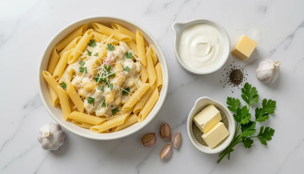 Fresh ingredients for homemade Penne Alfredo recipe