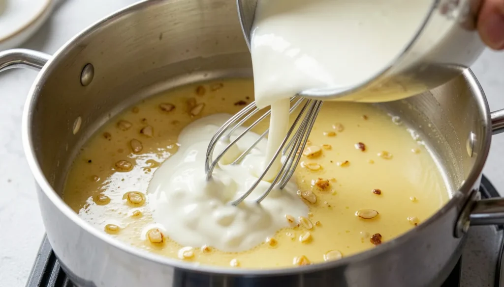 Heavy cream being poured into melted butter and garlic