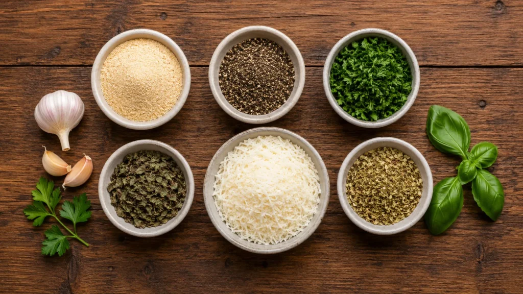 Herbs and spices that add flavor to creamy Alfredo sauce