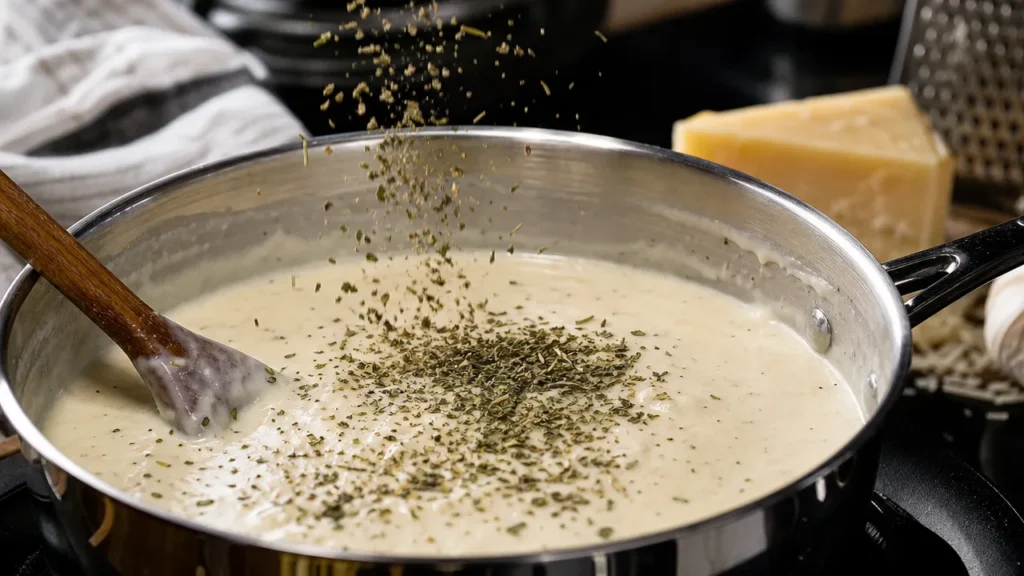 Italian seasoning herbs used to enhance Alfredo sauce flavor