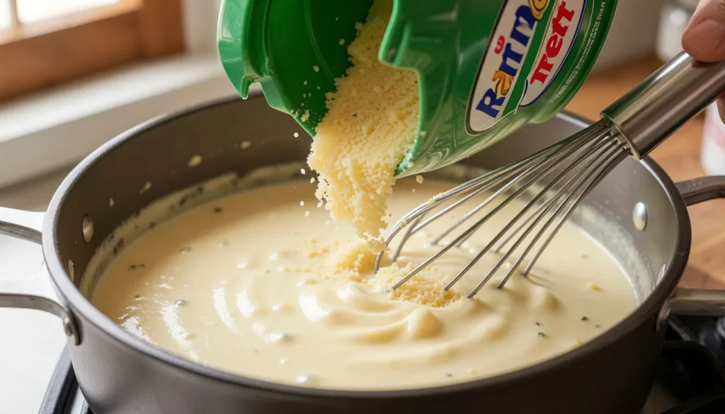Kraft Parmesan cheese being gradually whisked into Alfredo sauce