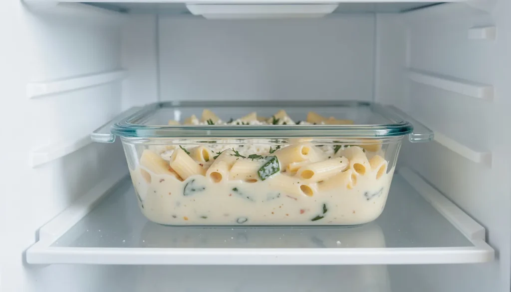 Leftover Penne Alfredo stored in an airtight container