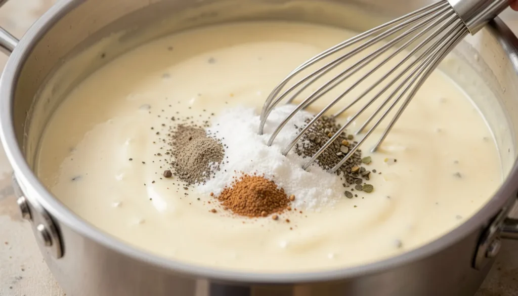 Seasoning Alfredo sauce with garlic powder and black pepper