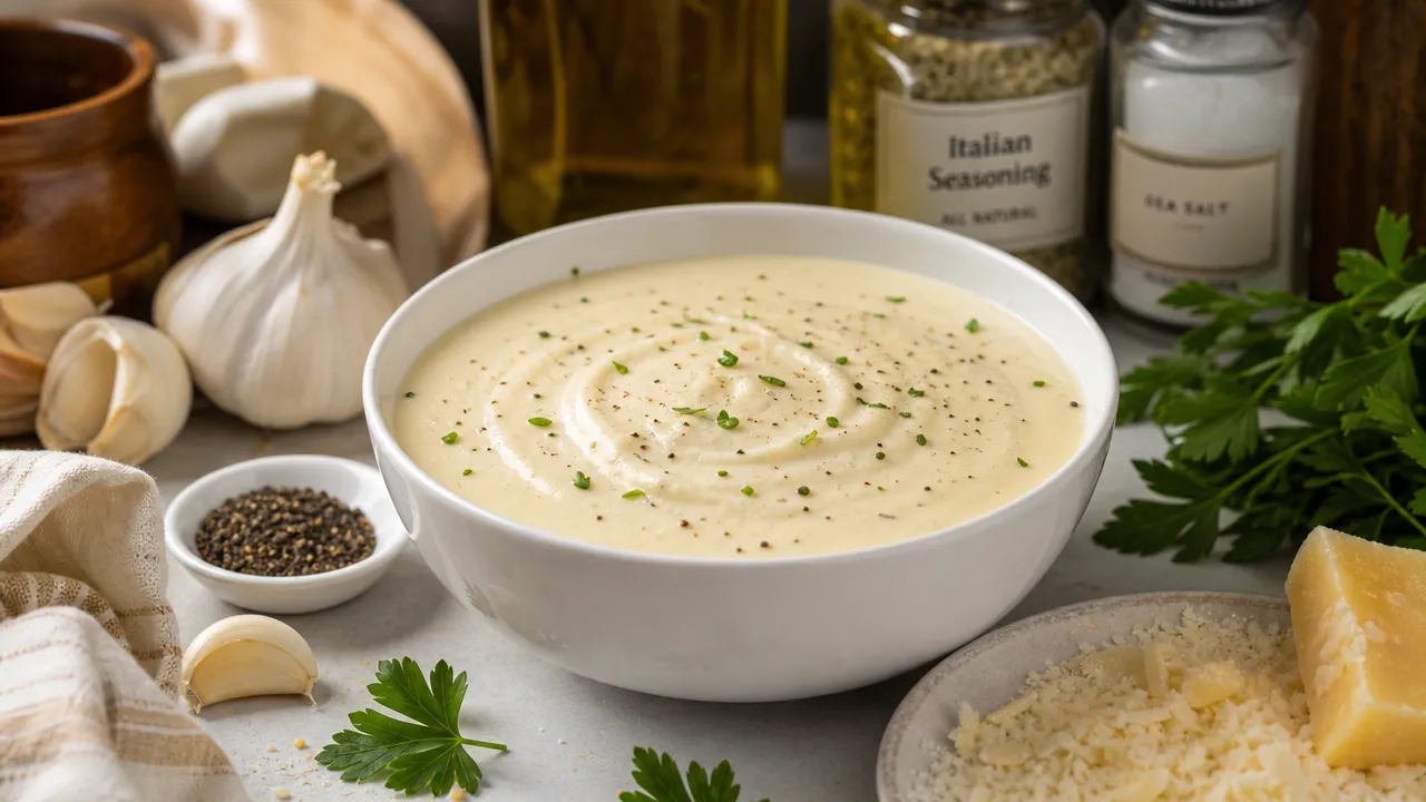 Seasoning for Alfredo sauce with garlic, herbs, black pepper, and Parmesan cheese