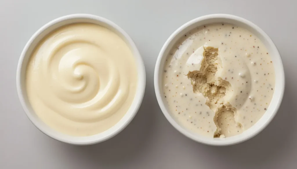 Smooth Alfredo sauce compared with grainy Alfredo sauce